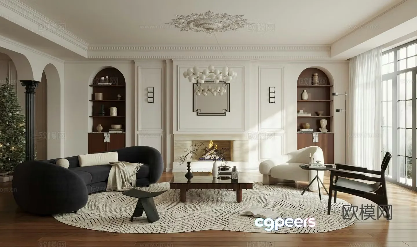 French retro style living room horizontal hall large flat floor high-grade gray living room 3D model