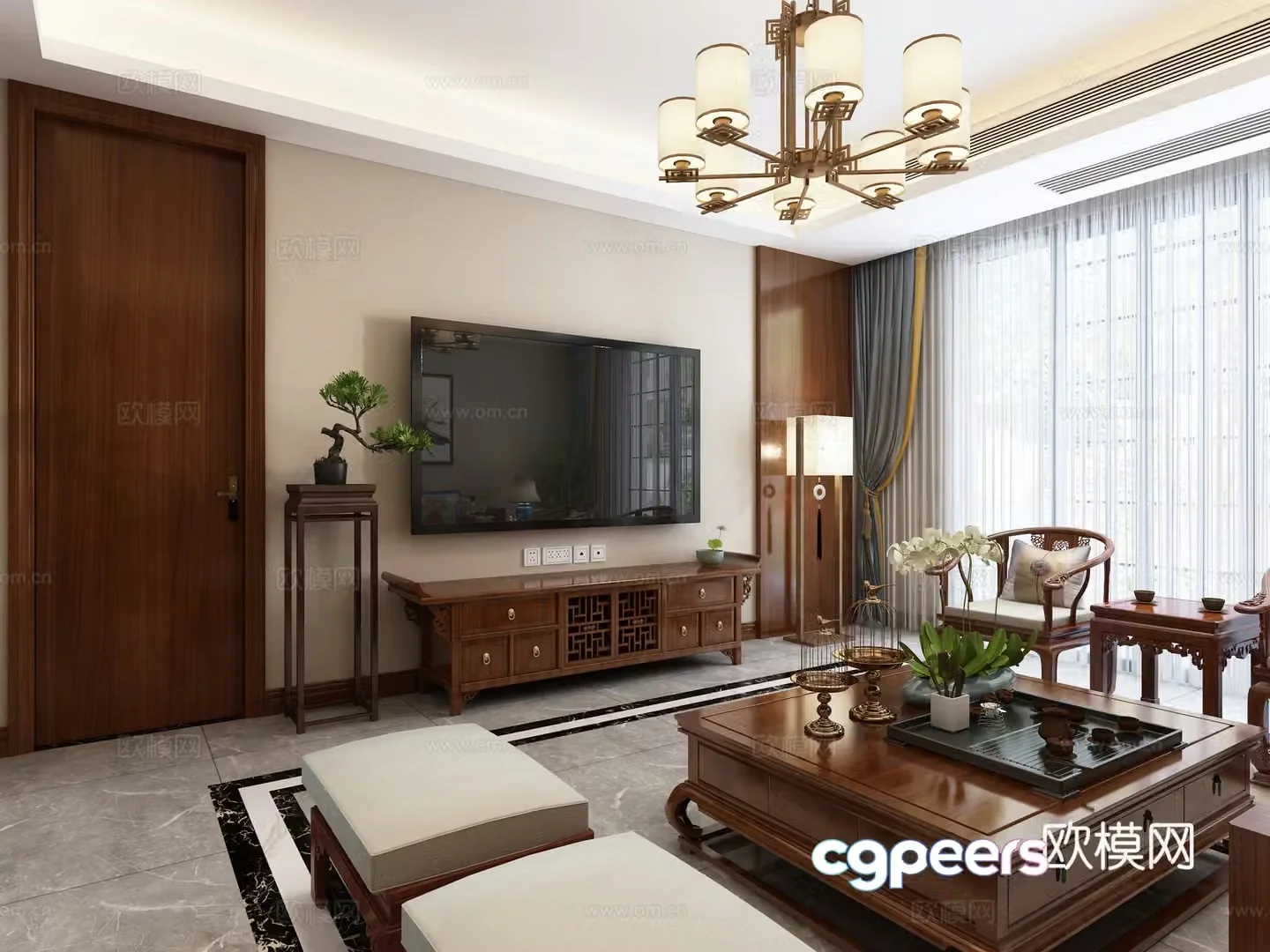 Chinese style Chinese style sofa TV background wall chandeliers hanging painting green plants 3D model