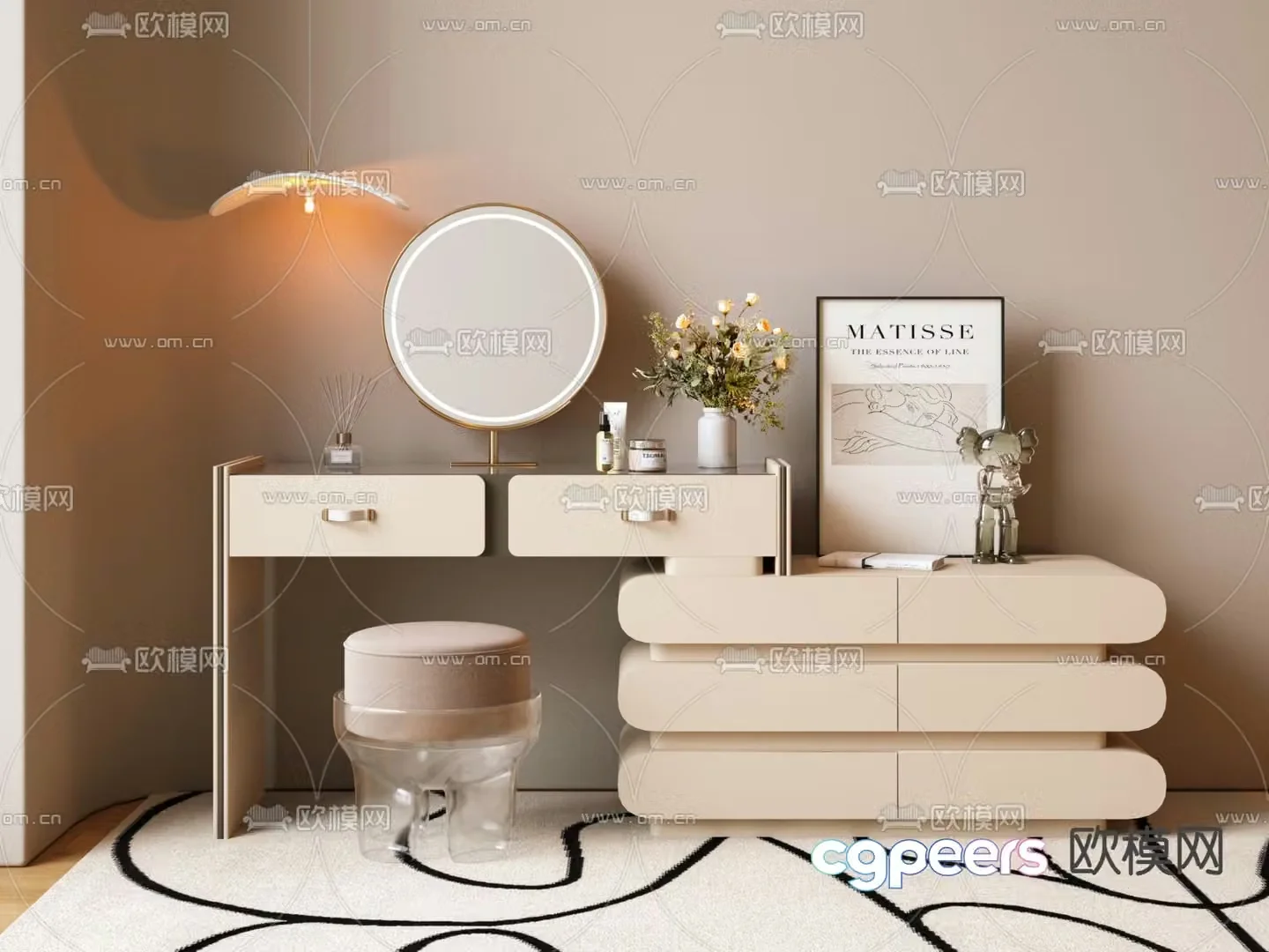 Cream style dressing table makeup table 3d model