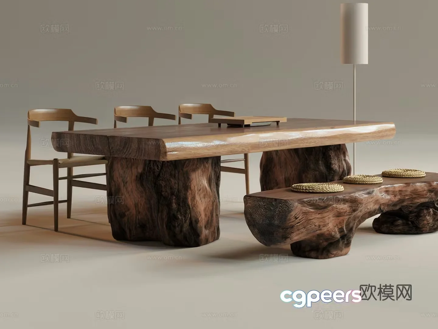 New Chinese tea table and chairs tea table wooden stool 3d model