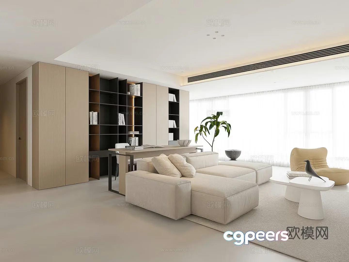 Modern living and dining room Log cafe Minimalist living and dining room Large flat living and dining room Living room bookcase 3D model