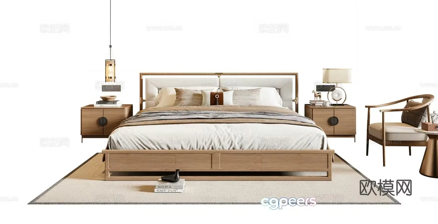 New Chinese style double bed solid wood bed nightstand chandeliers leisure chair carpet 3d model