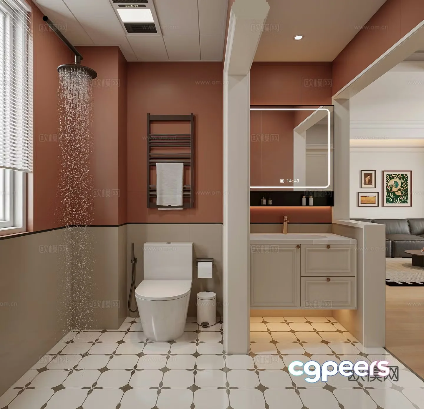 French bathroom washbasin wet and dry separation electric towel rack modern bathroom simple 3D model