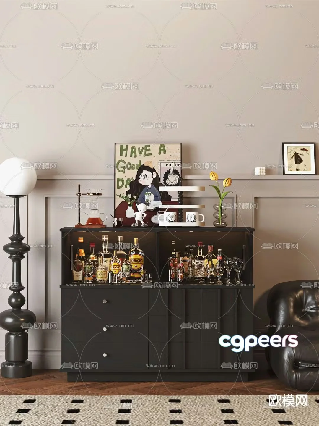 French sideboard wine cabinet 3d model