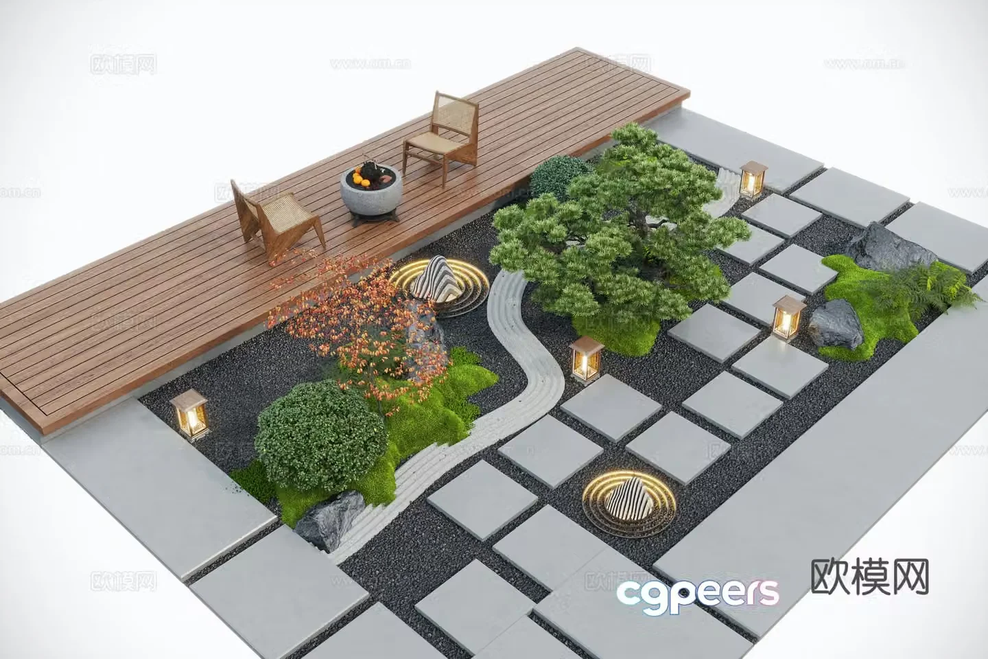 New Chinese style courtyard landscape landscape sketch outdoor leisure chair dry landscape moss landscape 3d model