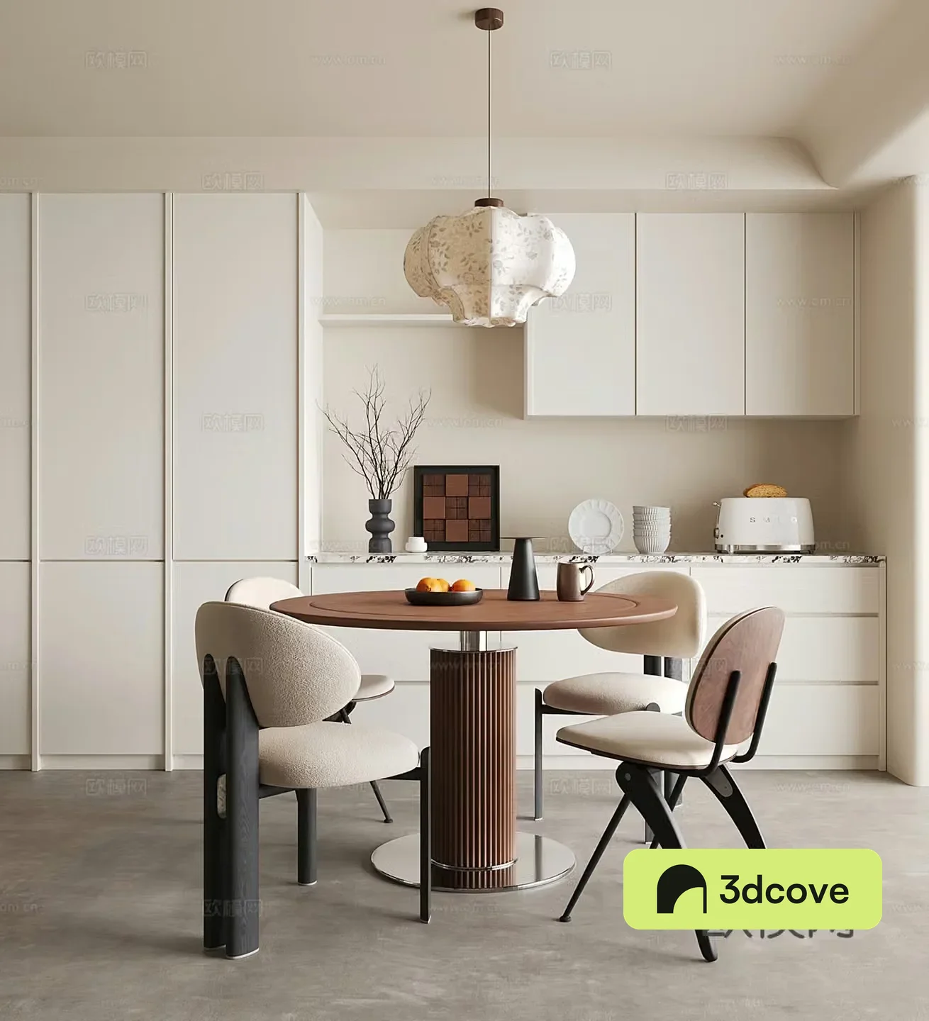 Middle style restaurant dining table and chairs wine cabinet chandeliers round dining table 3D model