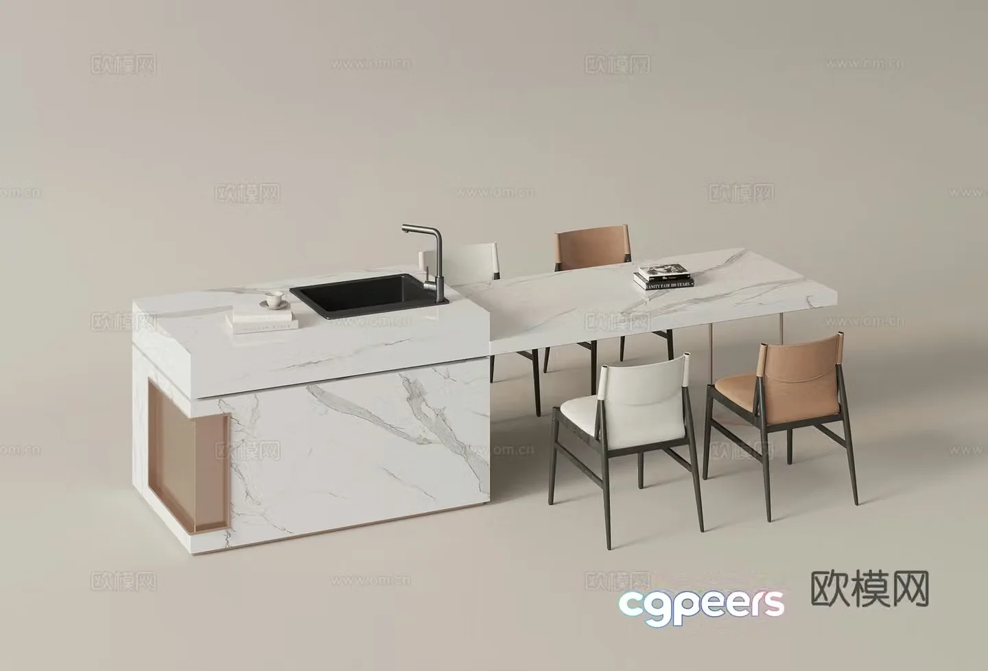 Modern island dining island dining table and chairs 3d model