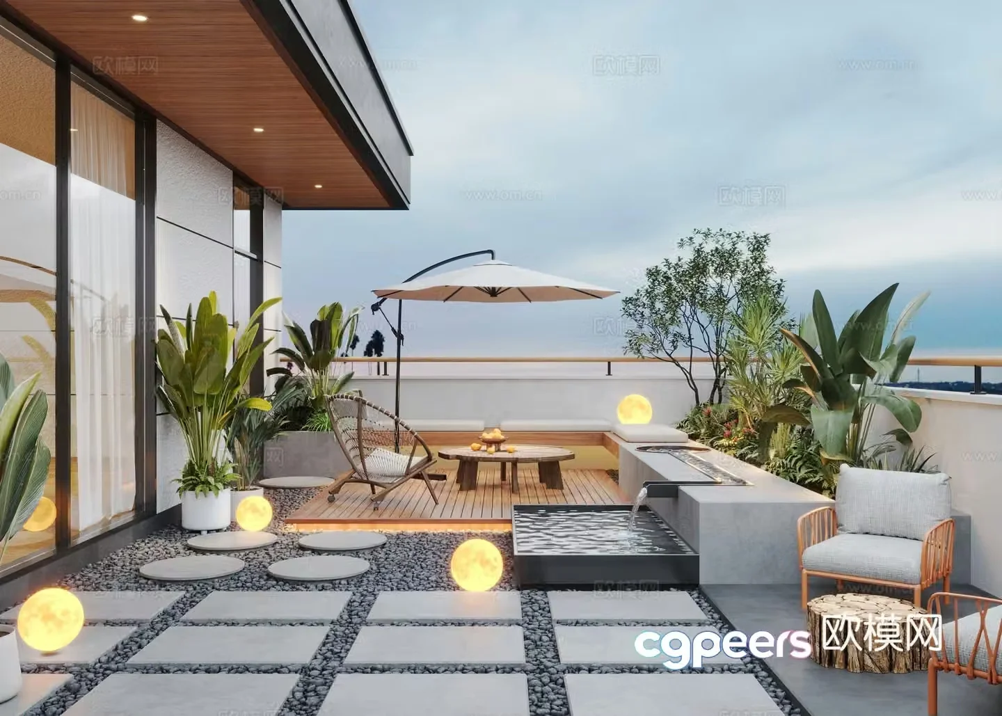 Modern roof garden garden courtyard outdoor sofa water view 3d model