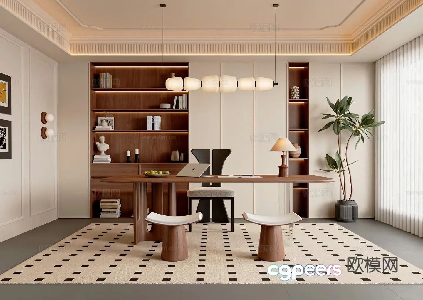 French medieval style study room medieval style desk and chair combination chandelier floor lamp medieval style bookcase 3D model