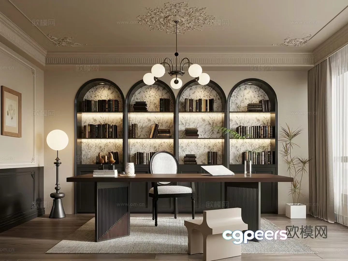 Study room French retro style study bookcase desk chair office desk 3d model