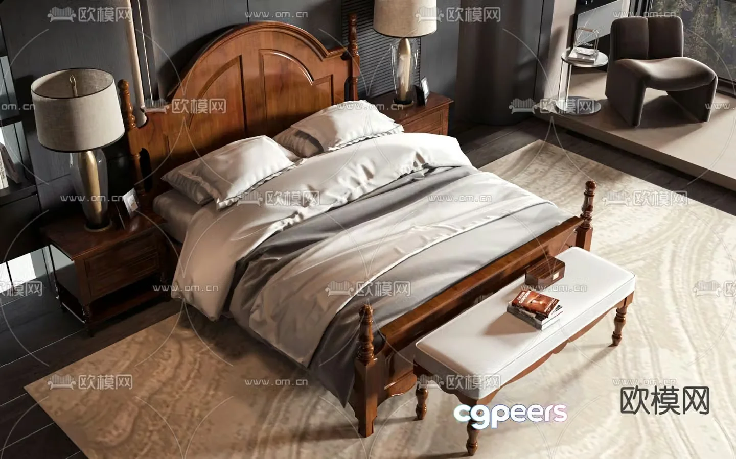 American double bed 3d model