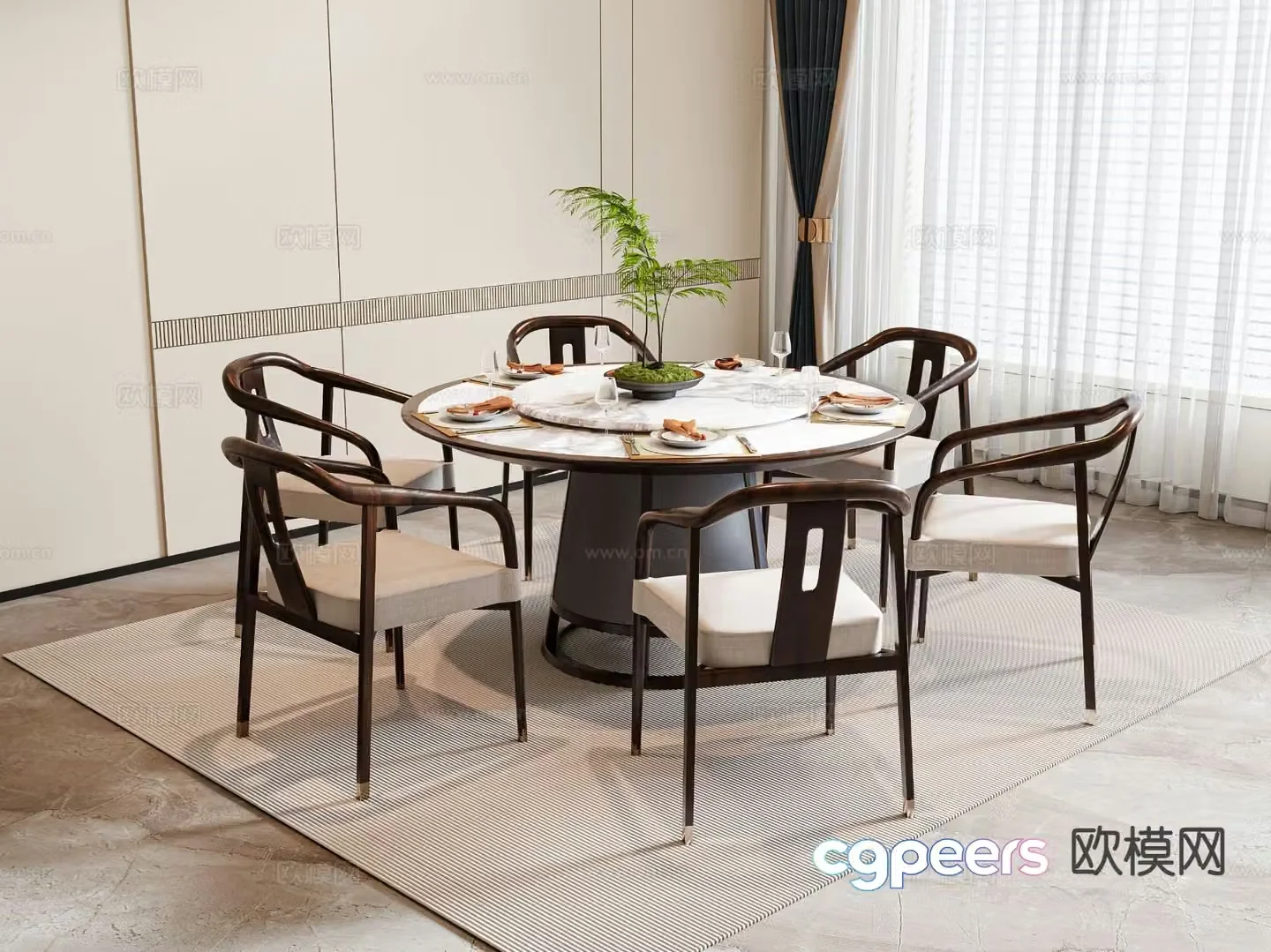 New Chinese style dining table and chairs round dining table 3d model