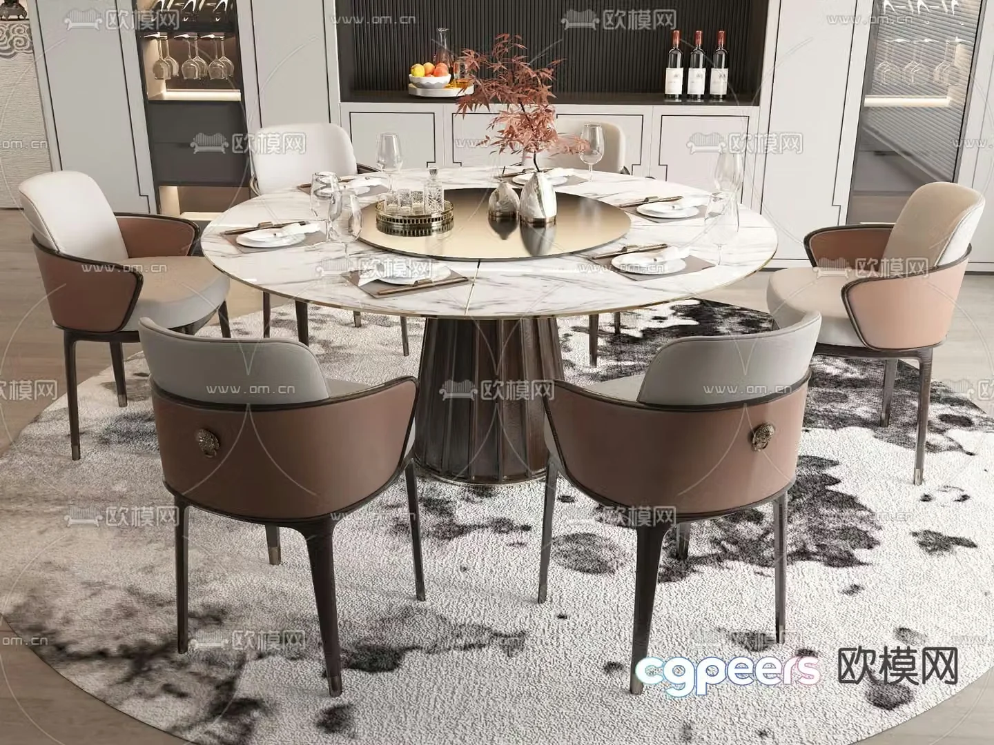 New Chinese style dining table and chairs round dining table 3d model