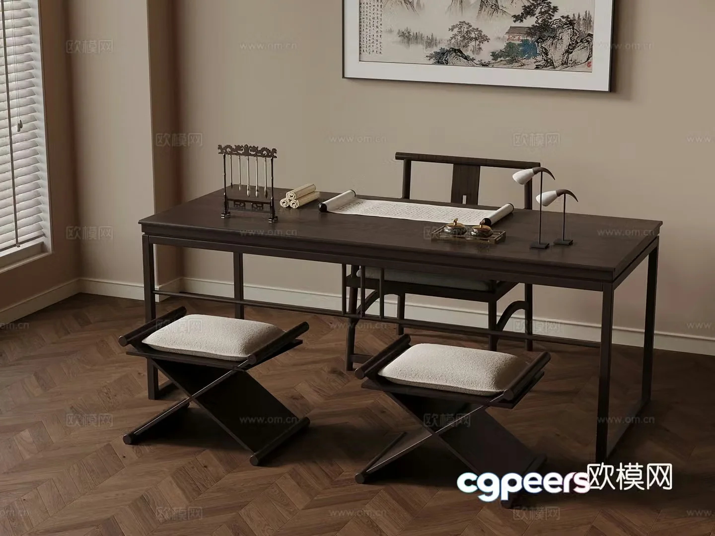 New Chinese style desk and chair single chair 3D model