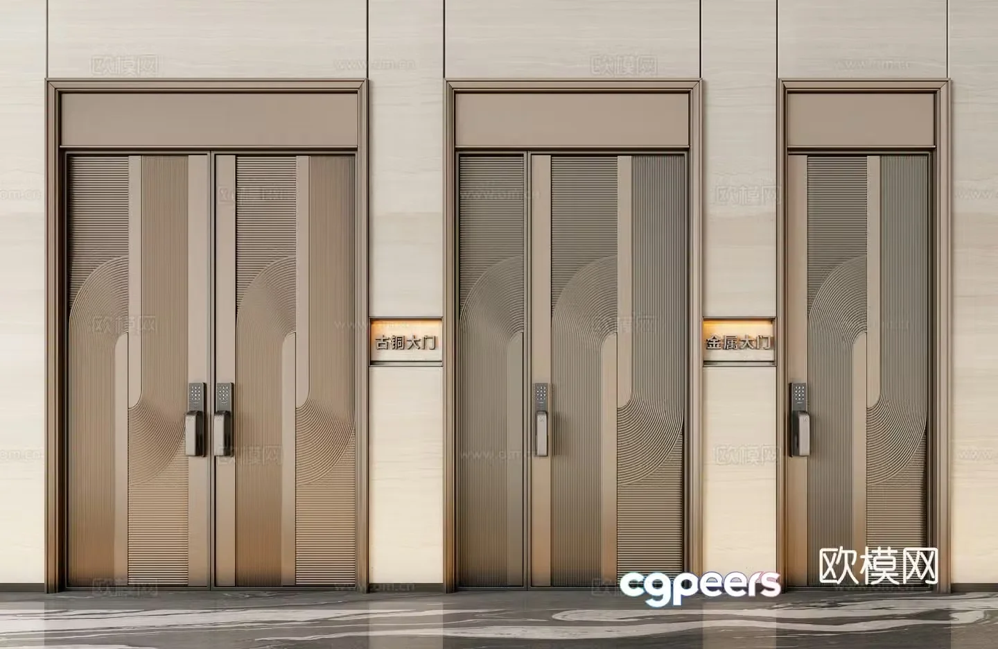 Modern double-opening doors copper doors entrance doors villa doors metal doors 3D model