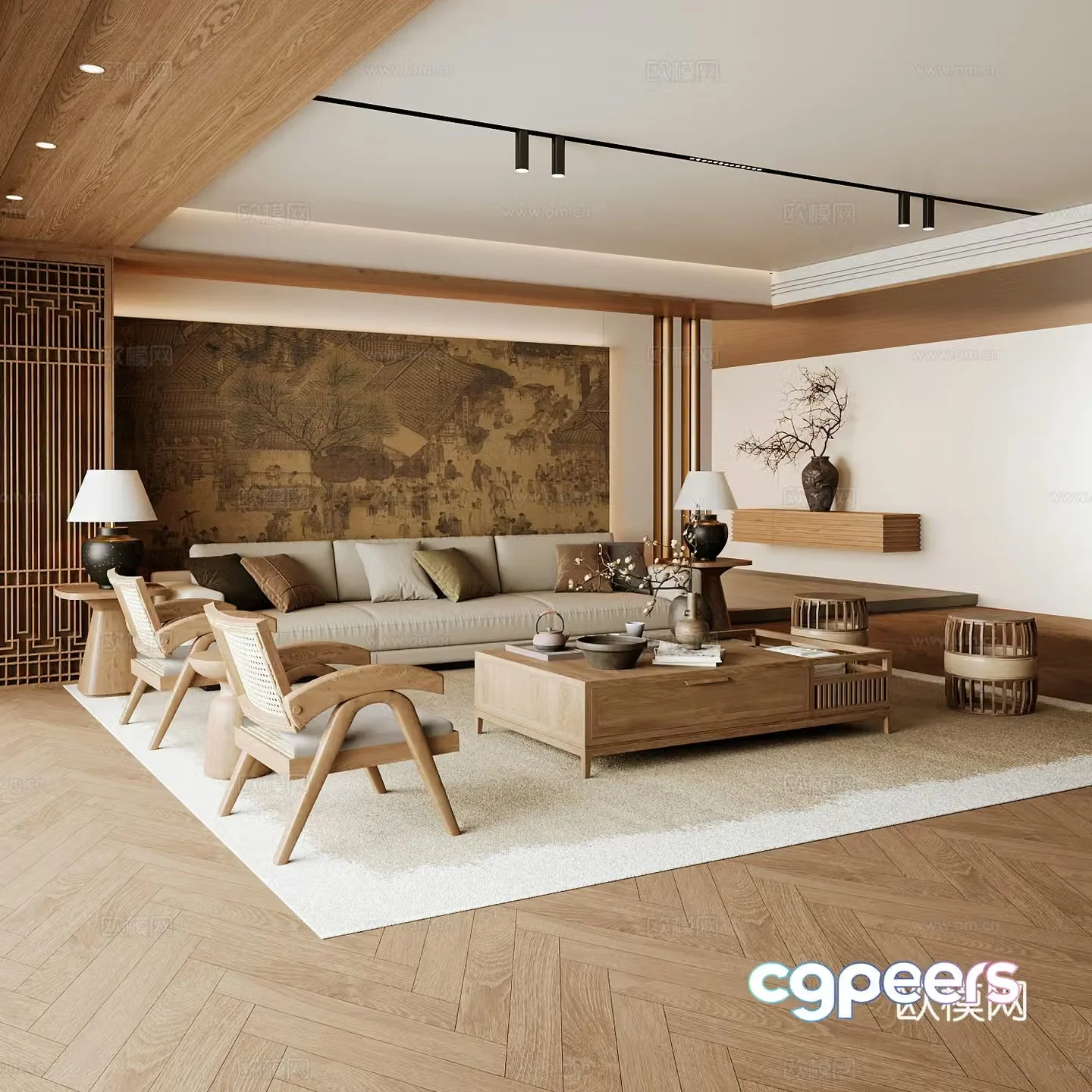 New Chinese Song style living room Chinese sofa combination Song style aesthetics Solid wood coffee table Chinese background 3D model