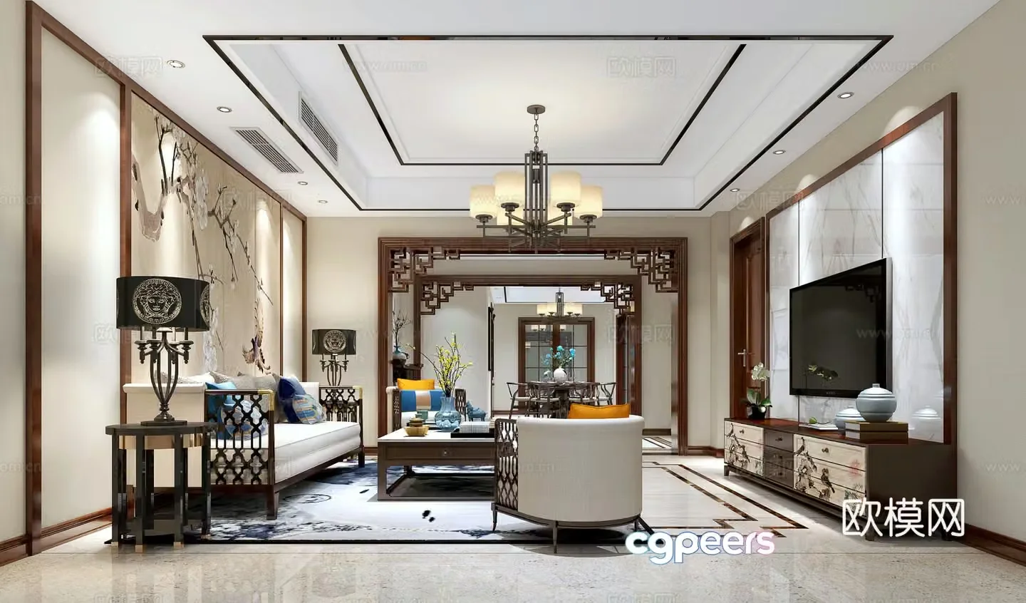 New Chinese style living and dining room sofa coffee table chandeliers dining table chairs TV cabinet desk lamp side table 3D model