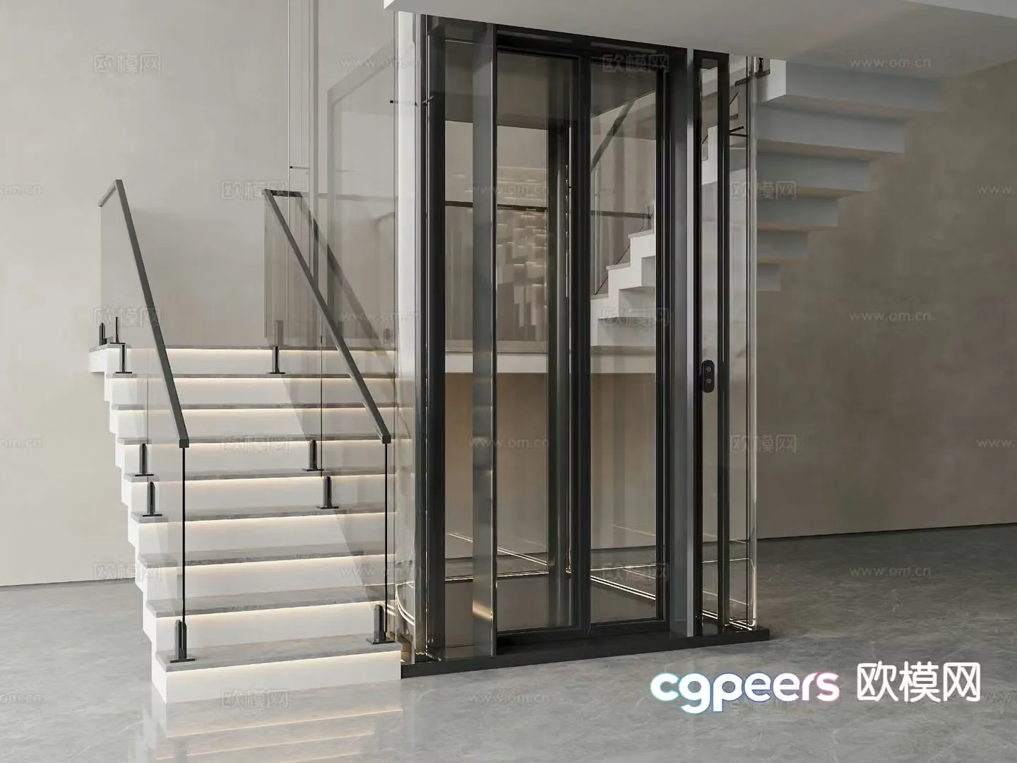 Modern glass railing stairs elevator villa elevator sightseeing elevator 3d model