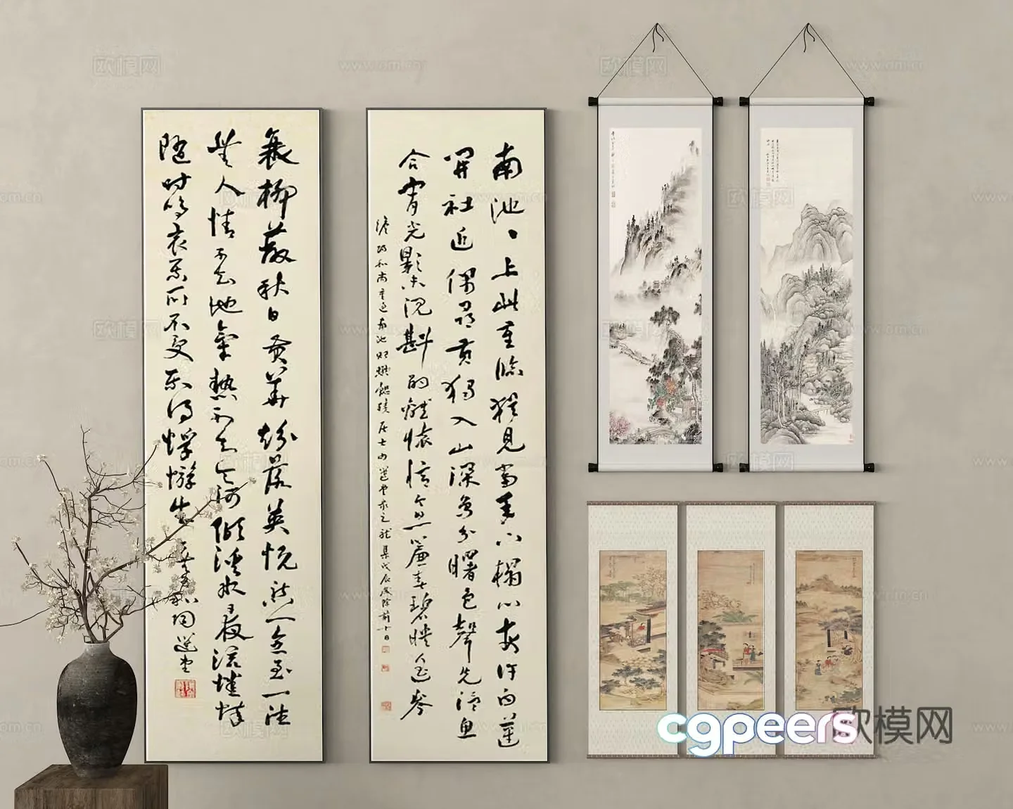 Chinese style hanging paintings ink paintings calligraphy and calligraphy scroll painting combination vase flower art 3D model