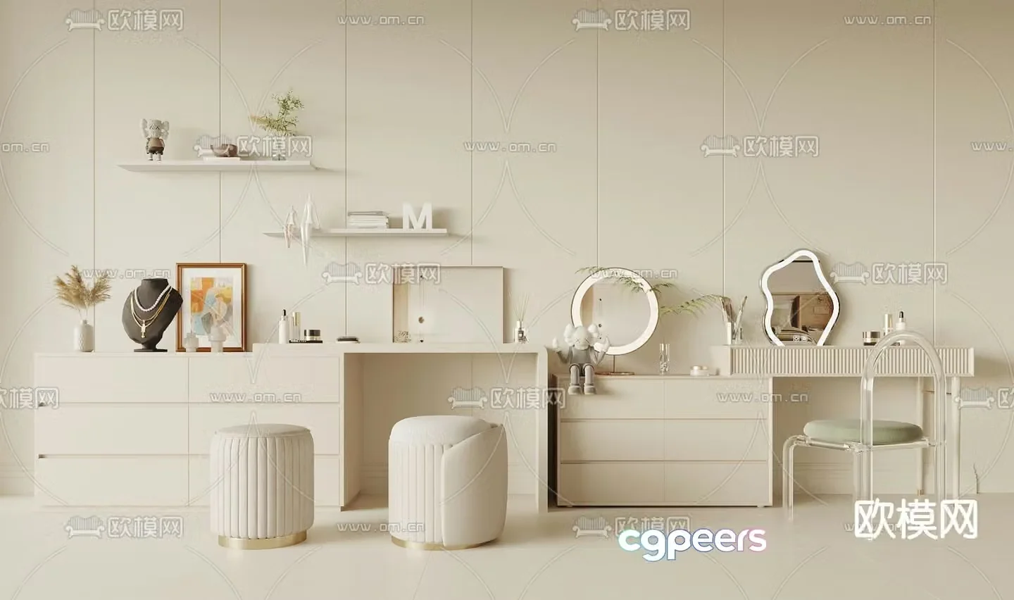 Cream style dressing table makeup table 3d model
