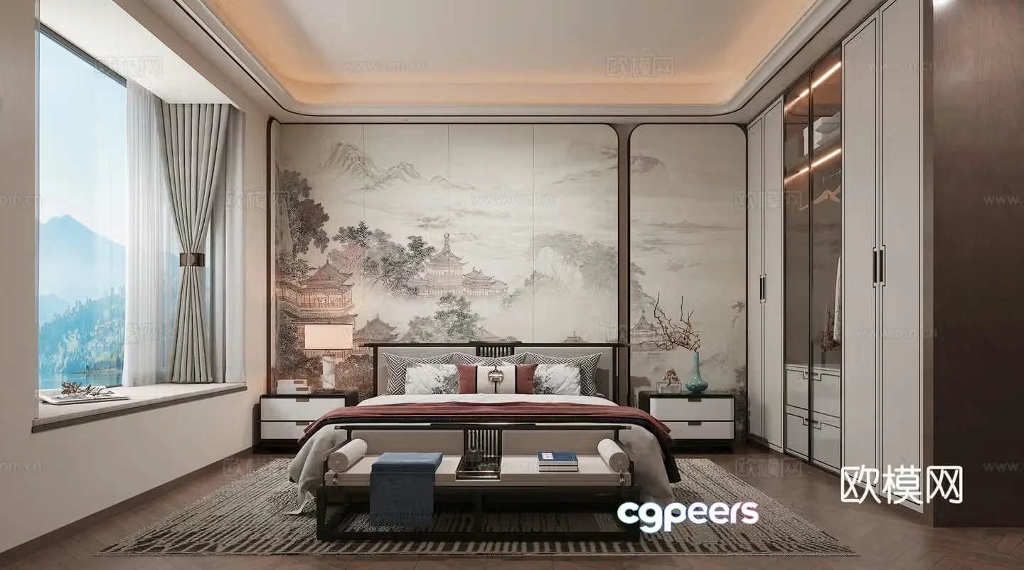 New Chinese style master bedroom New Chinese style bed 3D model