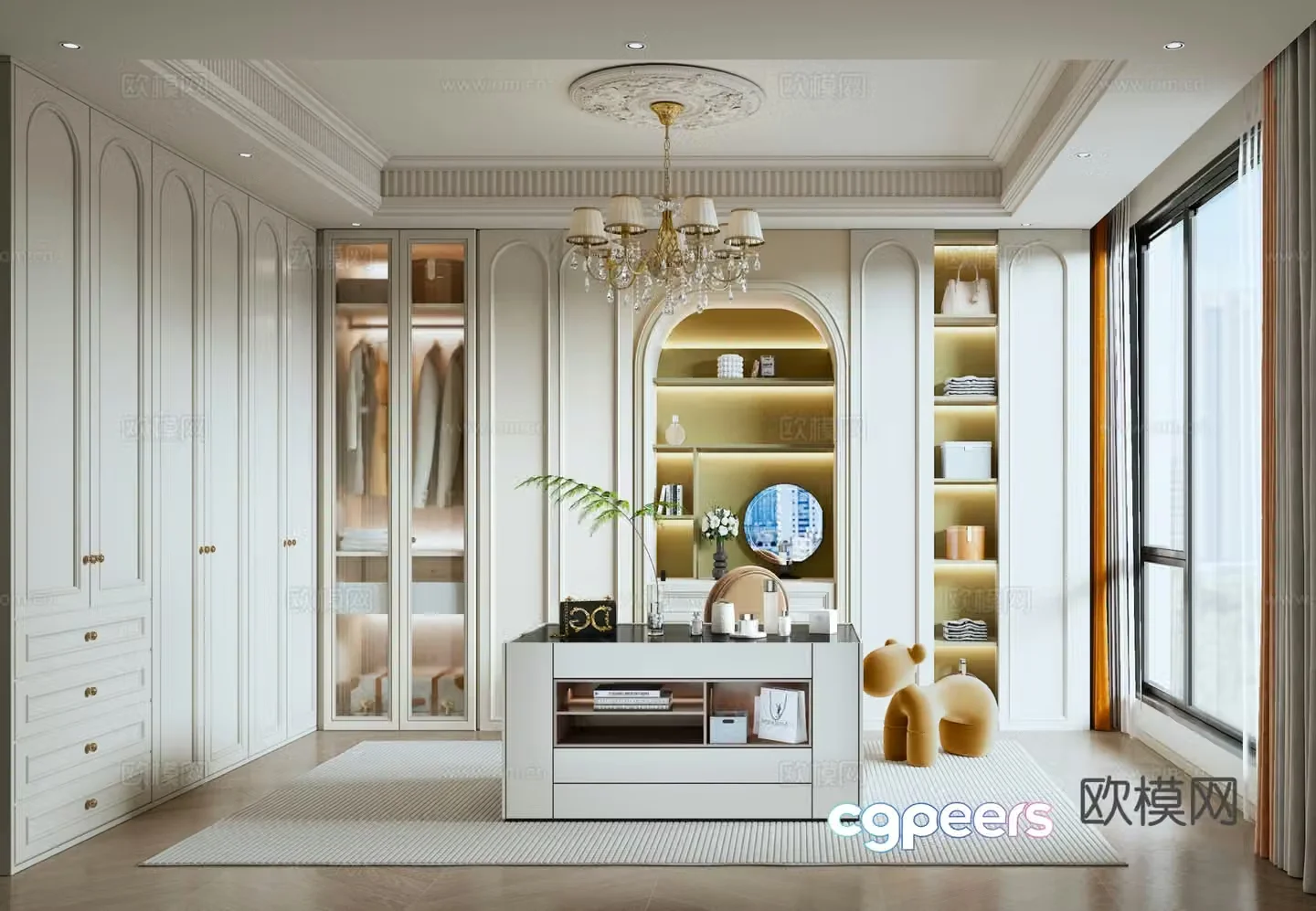 French minimalist island cloakroom wardrobe chandelier sculpture island vanity wardrobe 3d model