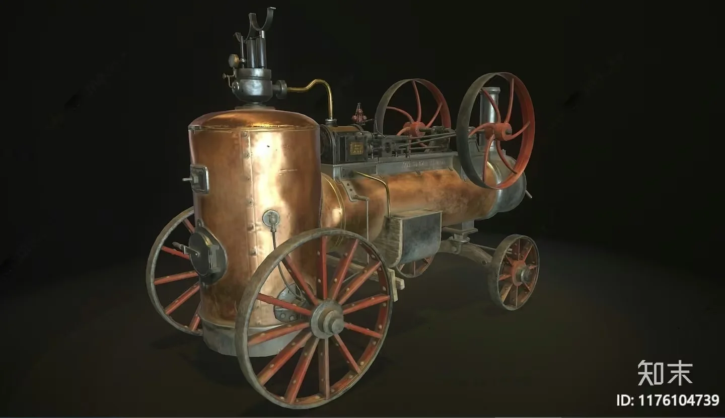 A Steampunk-Style Wagon With A Copper Tank And Red Wheels 3D Model – 624 – CORONA Render