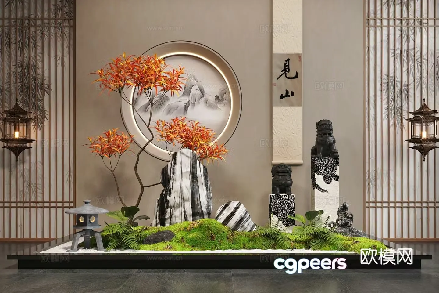 New Chinese-style landscape interior landscape bryophyte landscape stone 3D model
