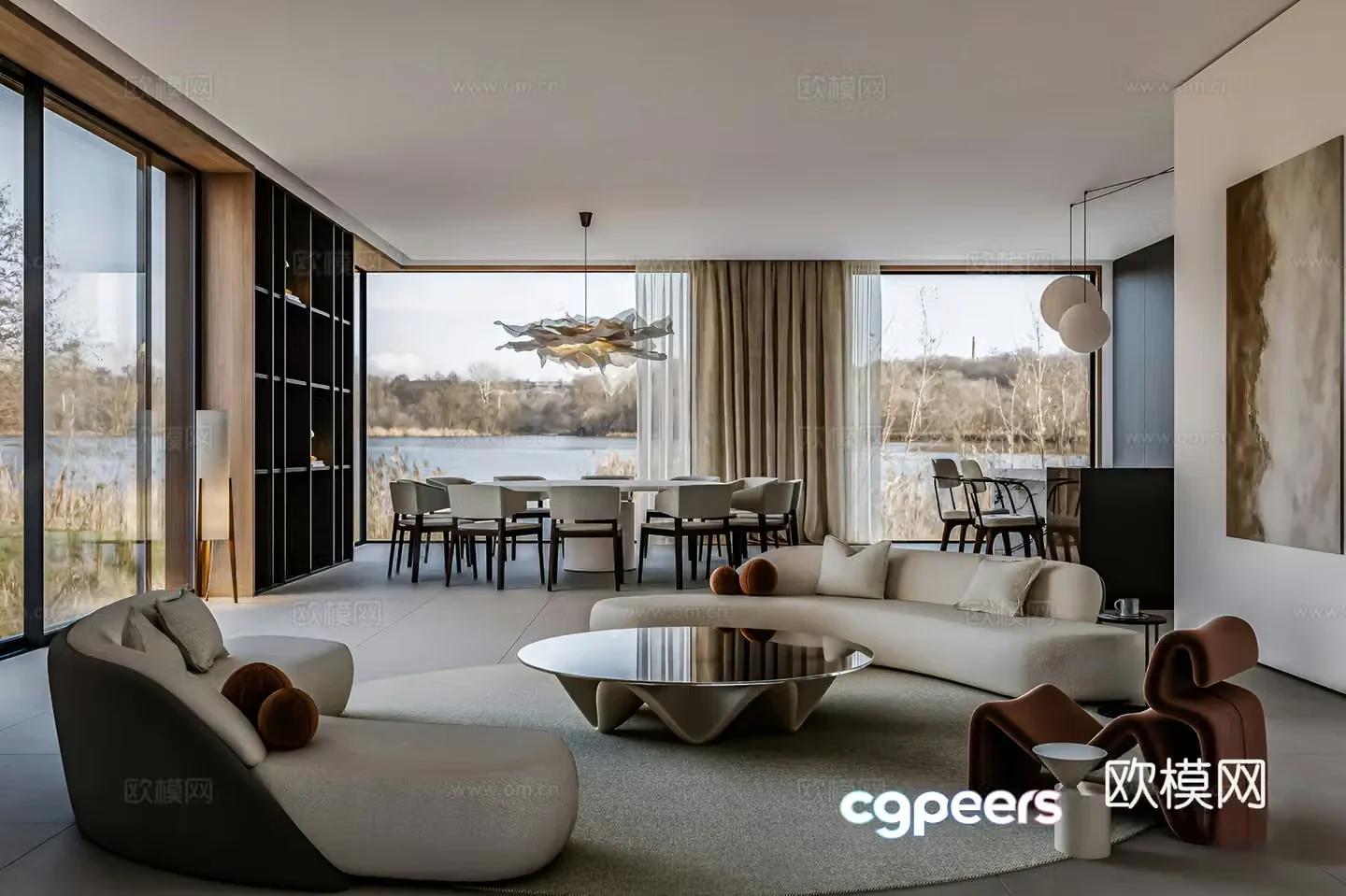 Modern Cream Bauhaus Living Room Modern Living Dining Living Room Dining Bar 3D Model