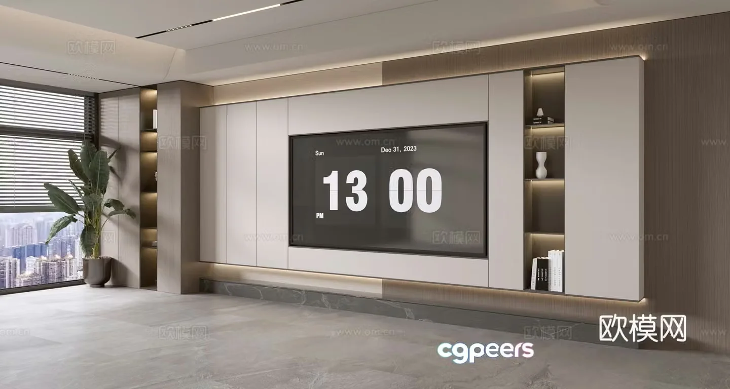Modern simple living room light luxury TV background wall full wall TV cabinet 3D model