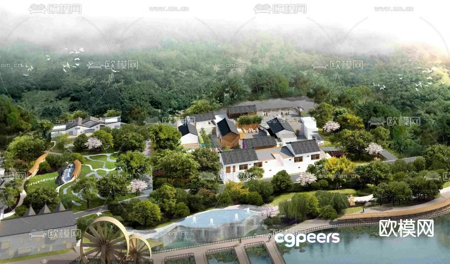 Modern bed and breakfast bird’s eye view planning 3d model