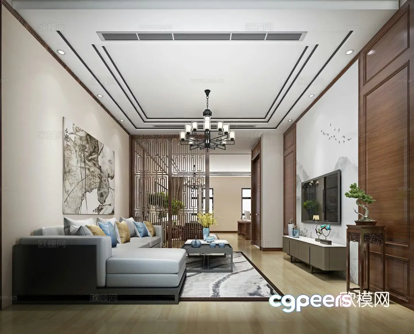 New Chinese style living room chandelier TV cabinet corner sofa 3D model