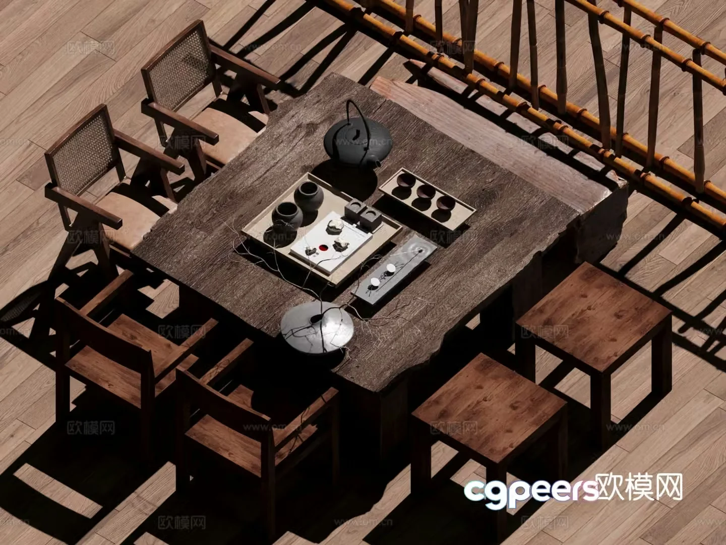 Wabi-sabi tea table and chair root carving tea table and chair 3d model