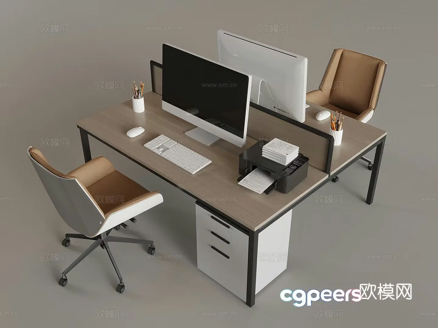 Staff office desk and chair combination desktop computer mouse and keyboard lift rotary chair printer 3D model