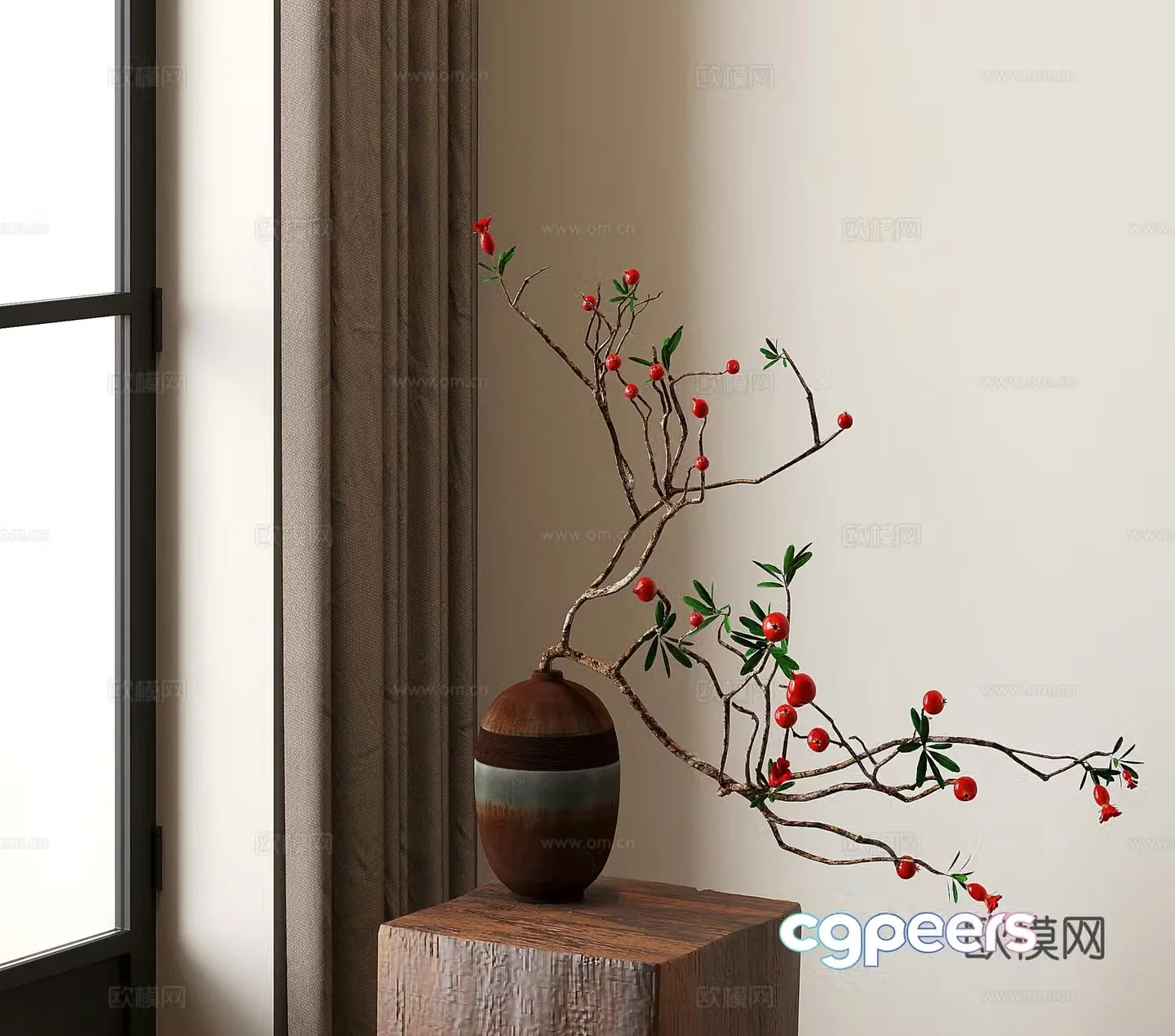 Mediterranean vase flower art stems and branches pomegranate dried fruit 3D model