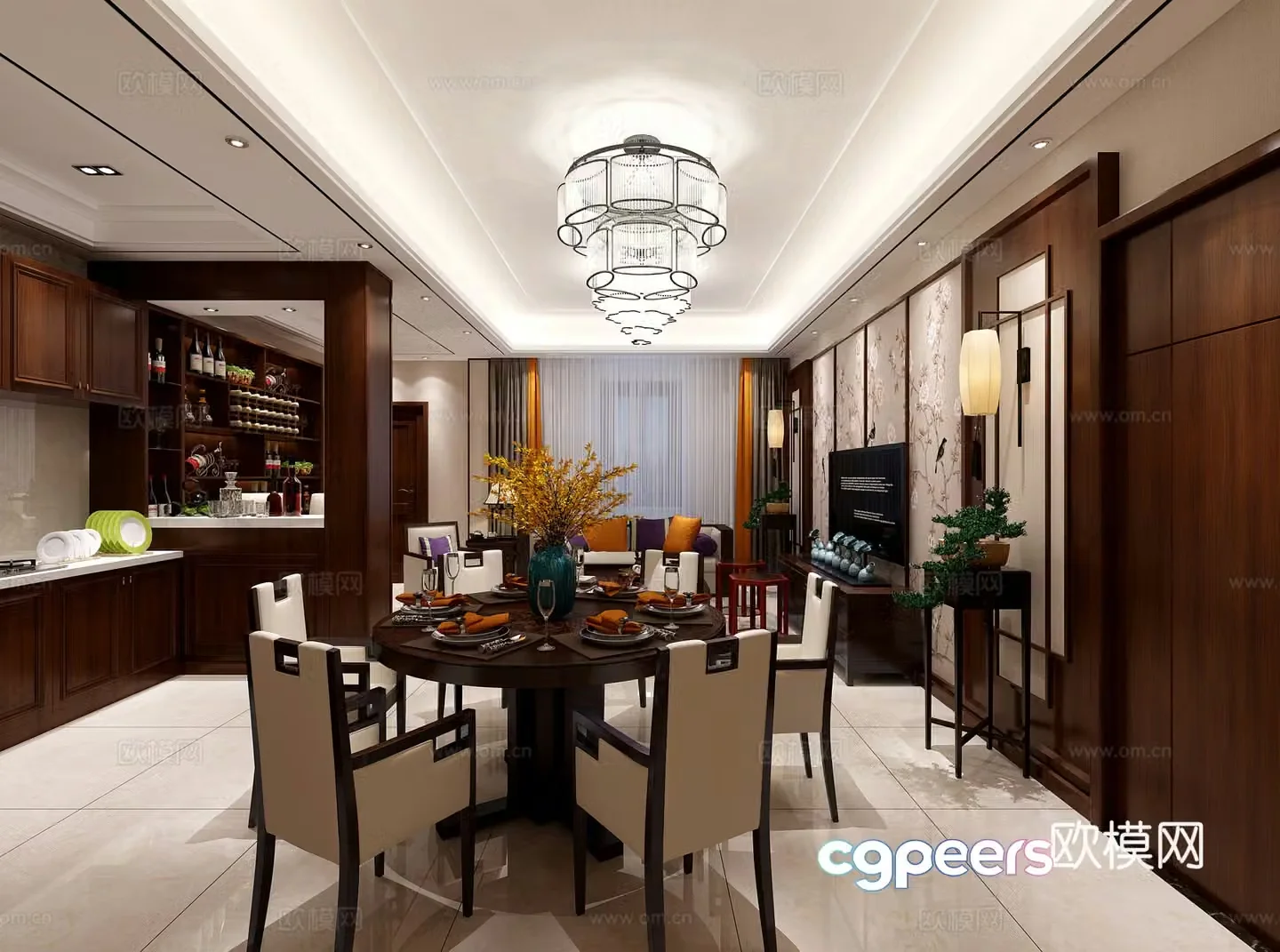 New Chinese style living and dining table chair sofa coffee table chandeliers desktop ornaments 3D model of hanging paintings