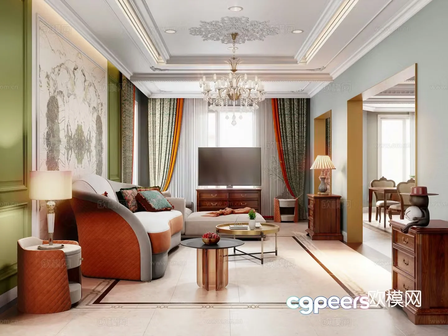 European style living and dining room 3D model 3D model