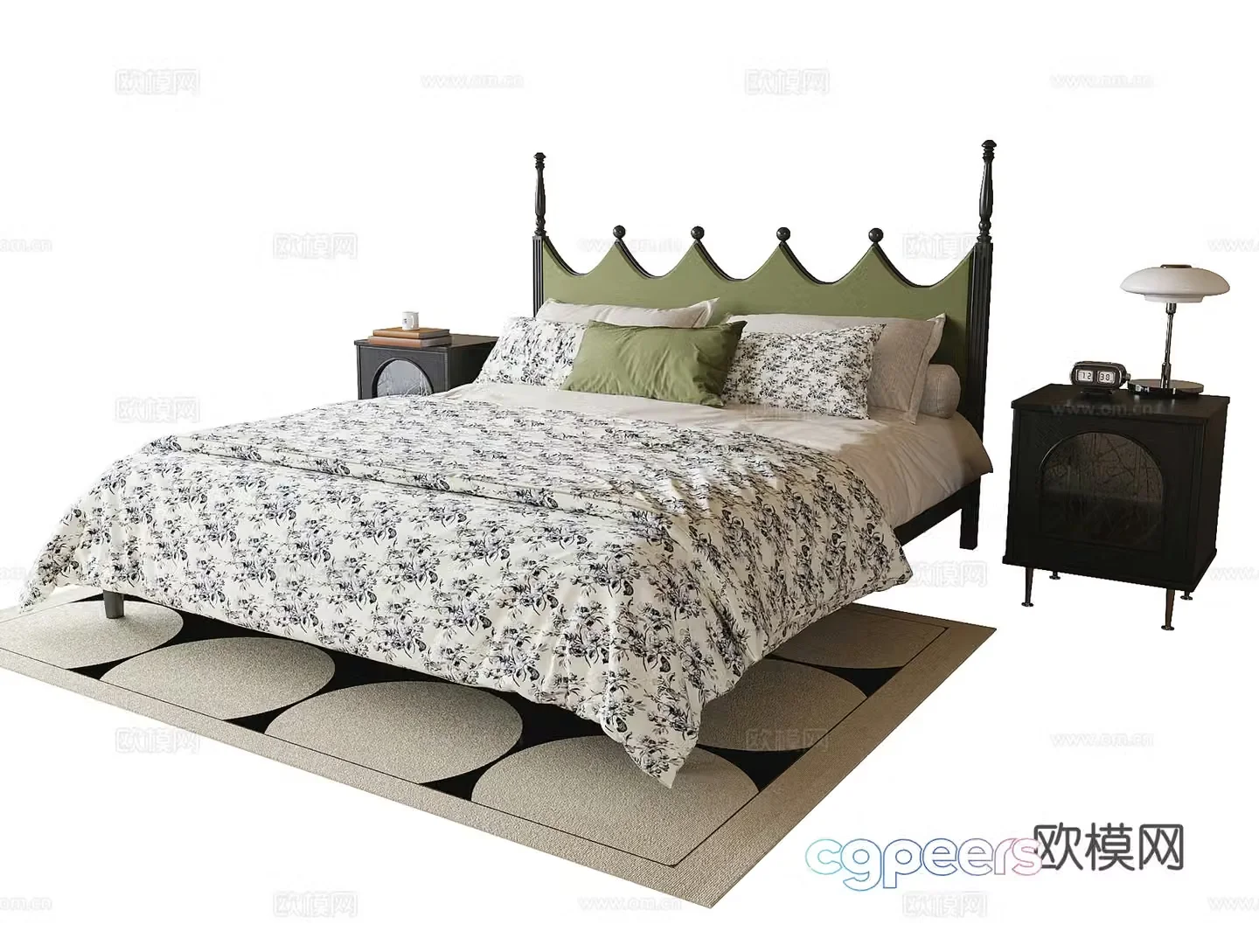 American double bed nightstand 3d model