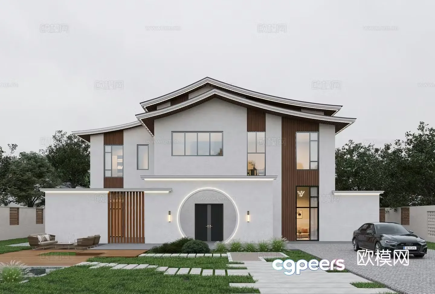 New Chinese style villa building exterior courtyard fence two-story new Chinese style villa 3D model