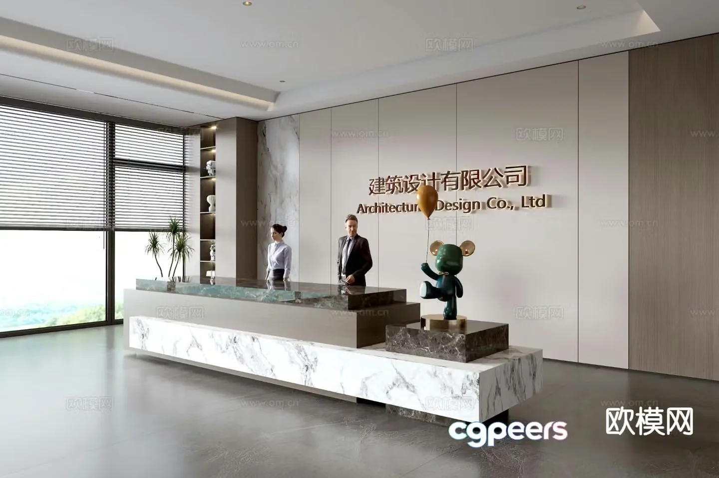 Modern company front desk reception desk corporate wall 3d model