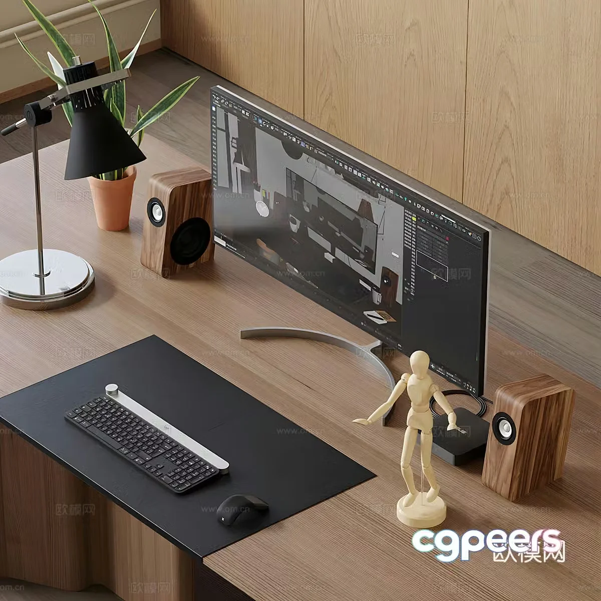 Desktop computer study computer monitor keyboard mouse coffee vase desk lamp 3d model