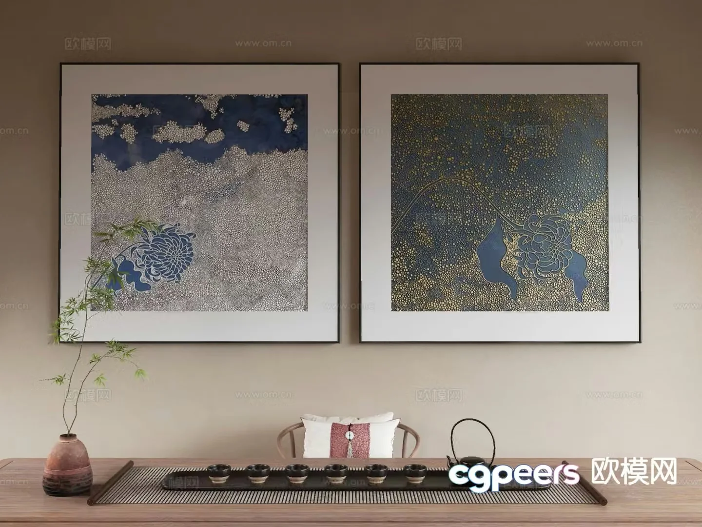 New Chinese style decorative painting combination painting tea set 3d model