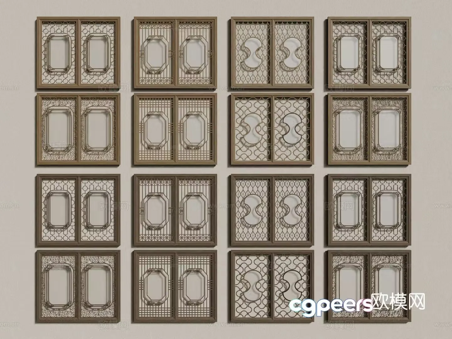 New Chinese style windows hollow windows carved windows lattice windows wooden windows 3d model