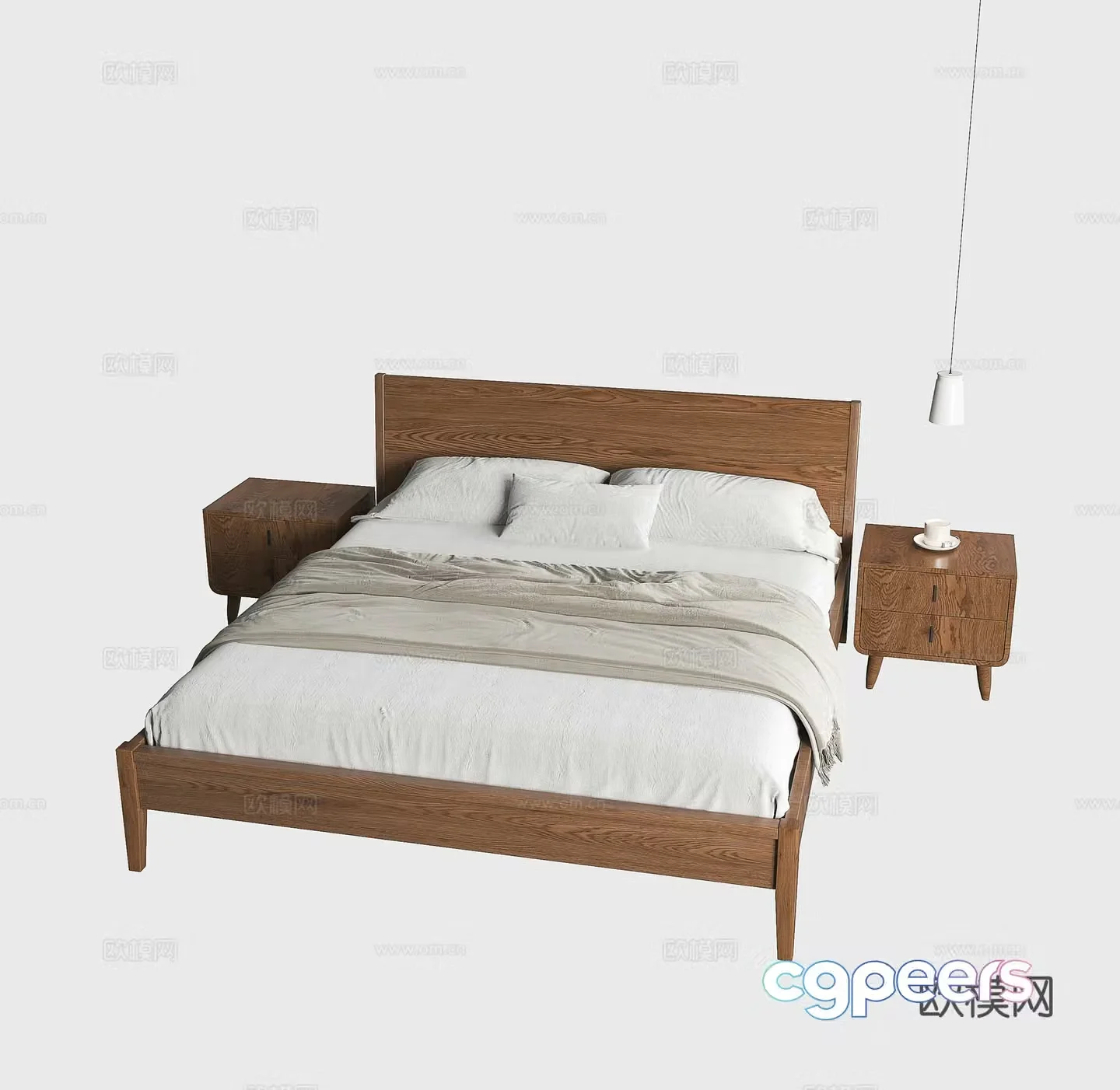 Nordic bed Japanese style bed Medium style bed Modern solid wood bed Bedside chandelier Bedside table 3D model