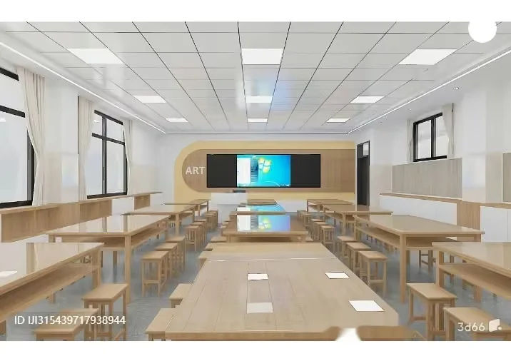A Classroom With Wooden Tables And Benches 3D Model – 4932 – VRAY Render