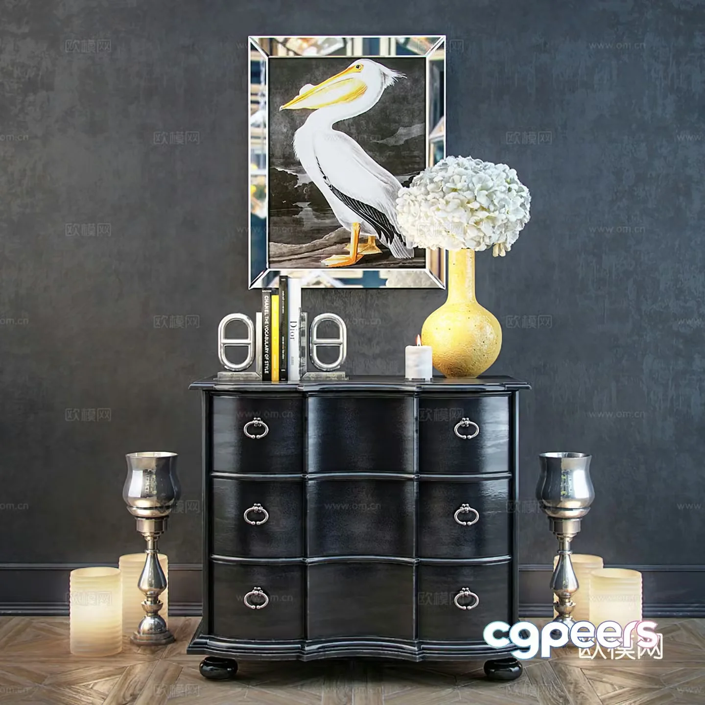 Simple European decorative cabinet side cabinet hanging picture book combination 3D model