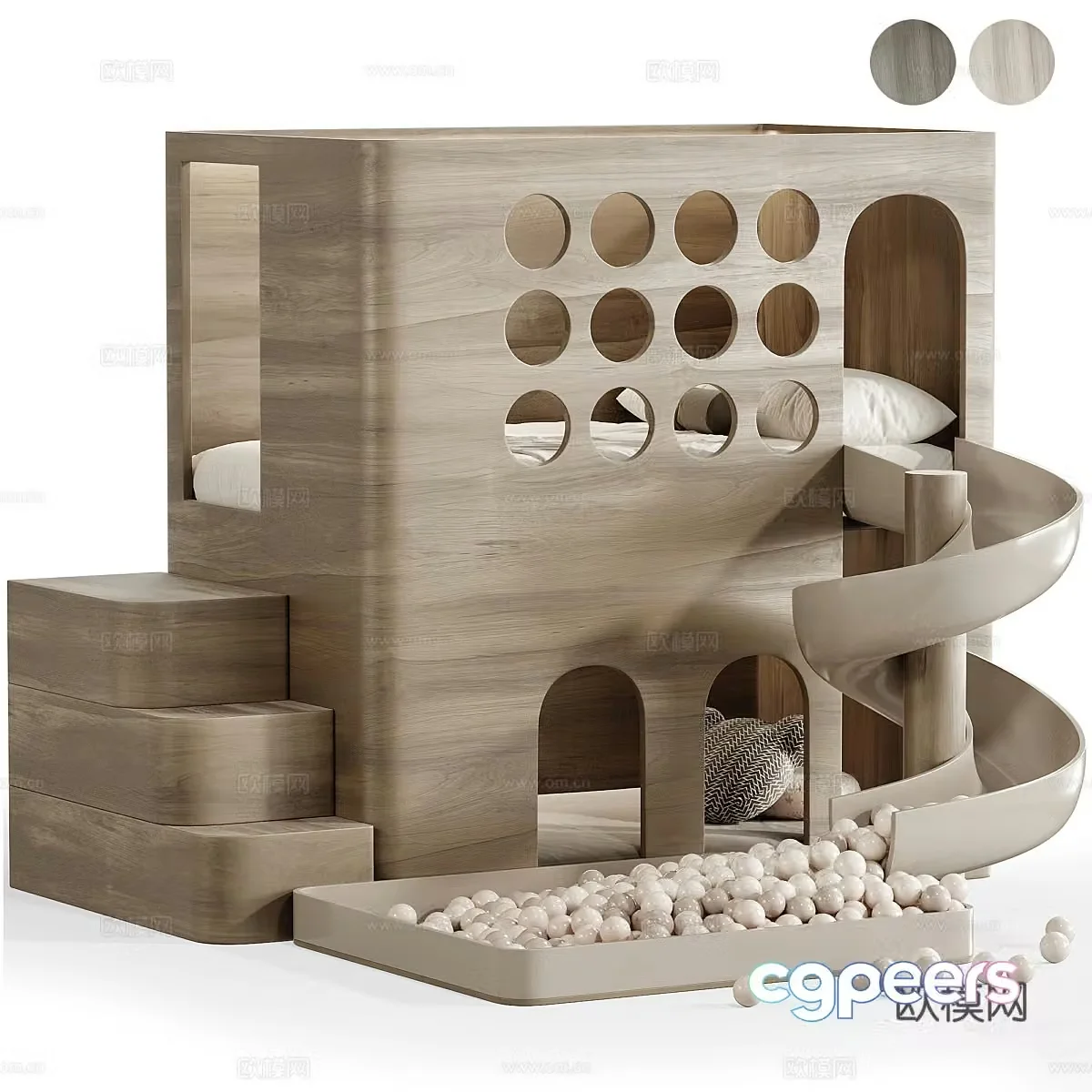 Modern creamy style children’s bed slide bed high and low bed 3D model