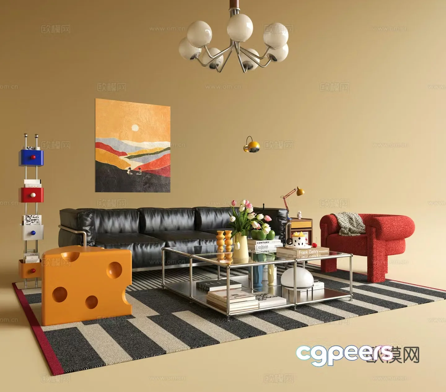 Bauhaus living room sofa and coffee table combination chandelier Memphis stool single chair painting shelf 3D model