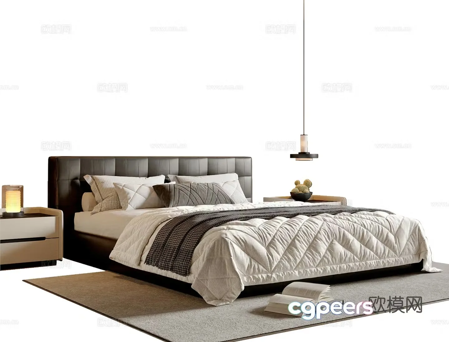 Modern simple double bed Double bed Table lamp Chandelier 3d model