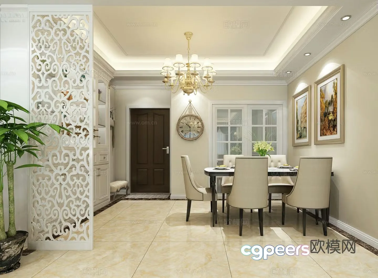 Simple European living restaurant coffee table sofa ceiling curtain TV cabinet hanging painting 3D model